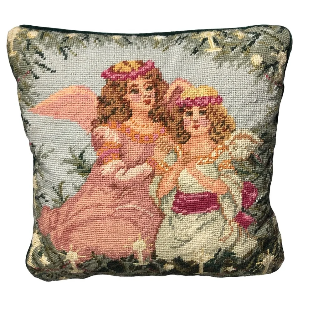 Vintage Needlepoint Angel Sisters 14x14 throw pillow